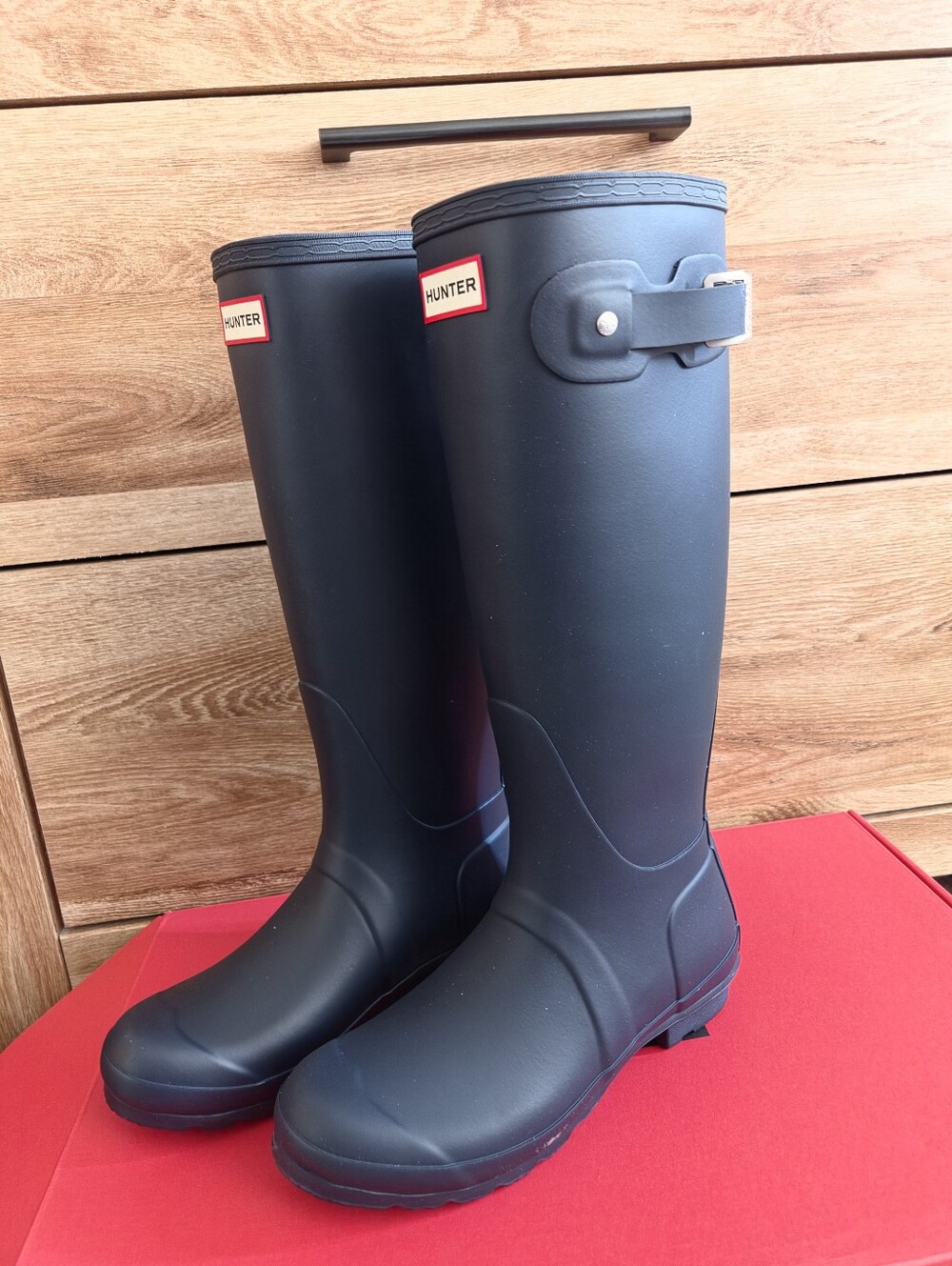 Hunter Black Tall Rubber Rain Boots with Side Buckle
